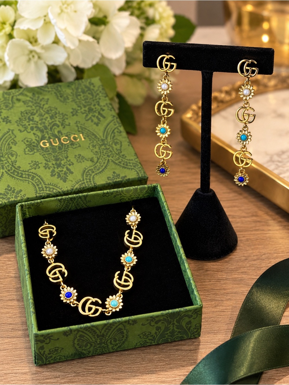 Gold Tone GG Flower Bracelet and Earrings